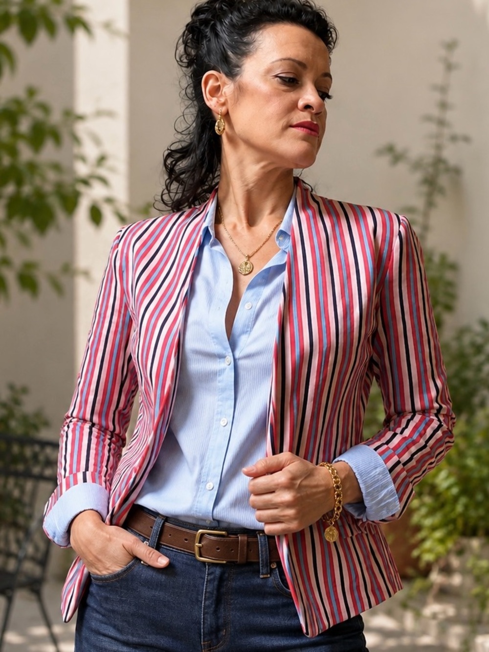 Women’s Red, white , blk and blue Striped Open-Front Jacket